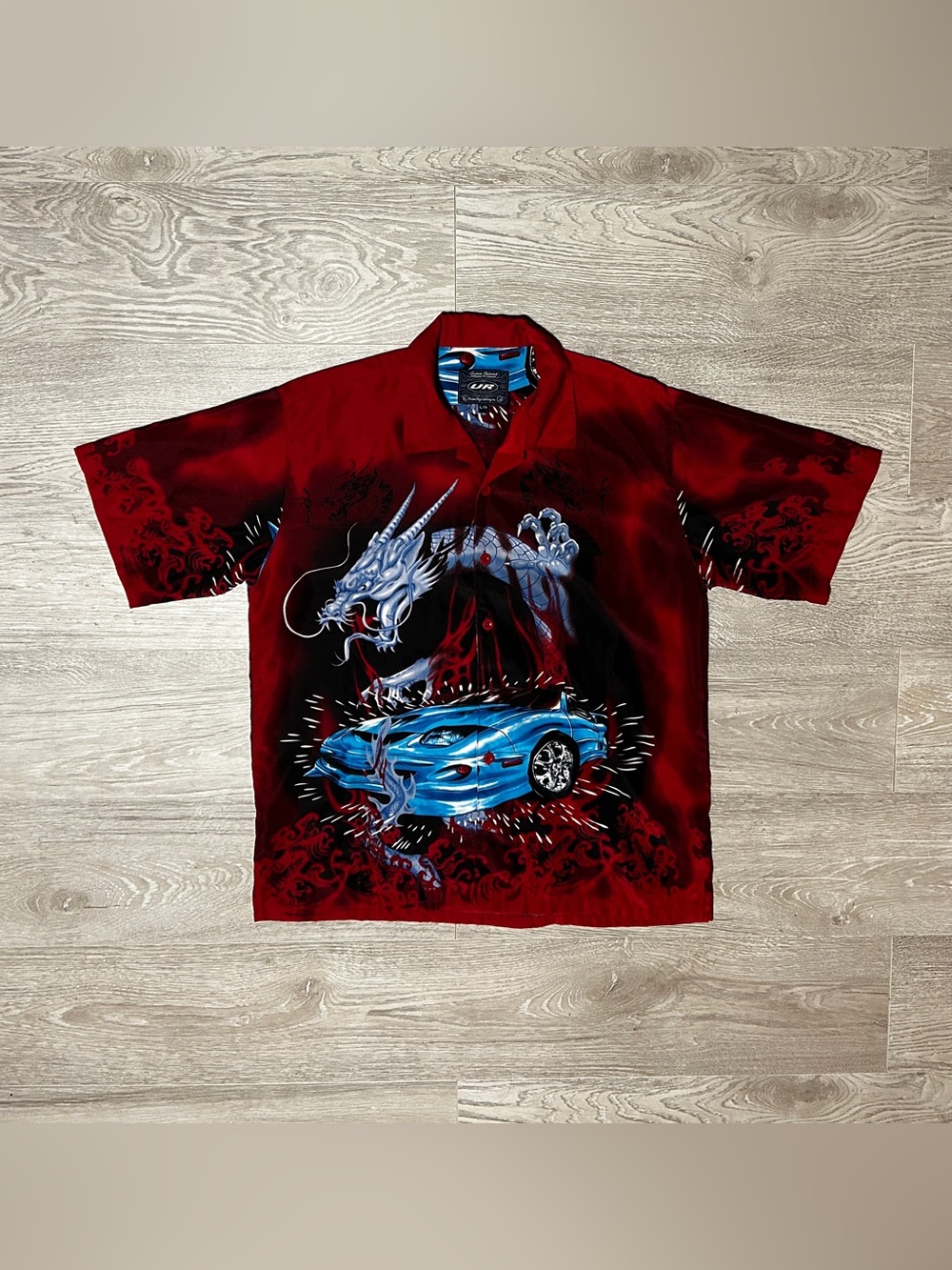Y2K Style Dragon and Car All Over Print Res Graphic Button Up Shirt